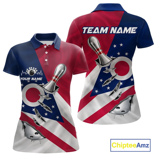 Custom Ohio State Flag Silver Bowling Ball And Pin Patriotic Bowling Shirts For Women IPHW10590