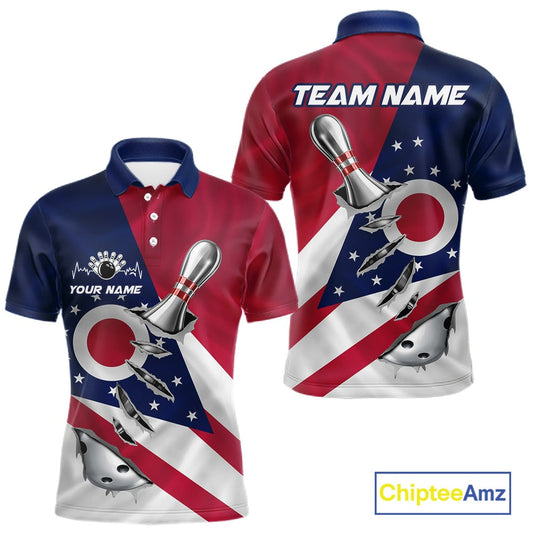 Custom Ohio State Flag Silver Bowling Ball And Pin Patriotic Bowling Shirts For Men IPHW10590