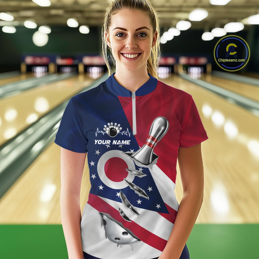 Custom Ohio State Flag Silver Bowling Ball And Pin Patriotic Bowling Shirts For Women IPHW10590