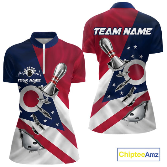 Custom Ohio State Flag Silver Bowling Ball And Pin Patriotic Bowling Shirts For Women IPHW10590