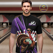 Load image into Gallery viewer, Black And Purple Custom Funny Turkey Bowling Men Shirts, Bowling League Team Shirt IPHW10802