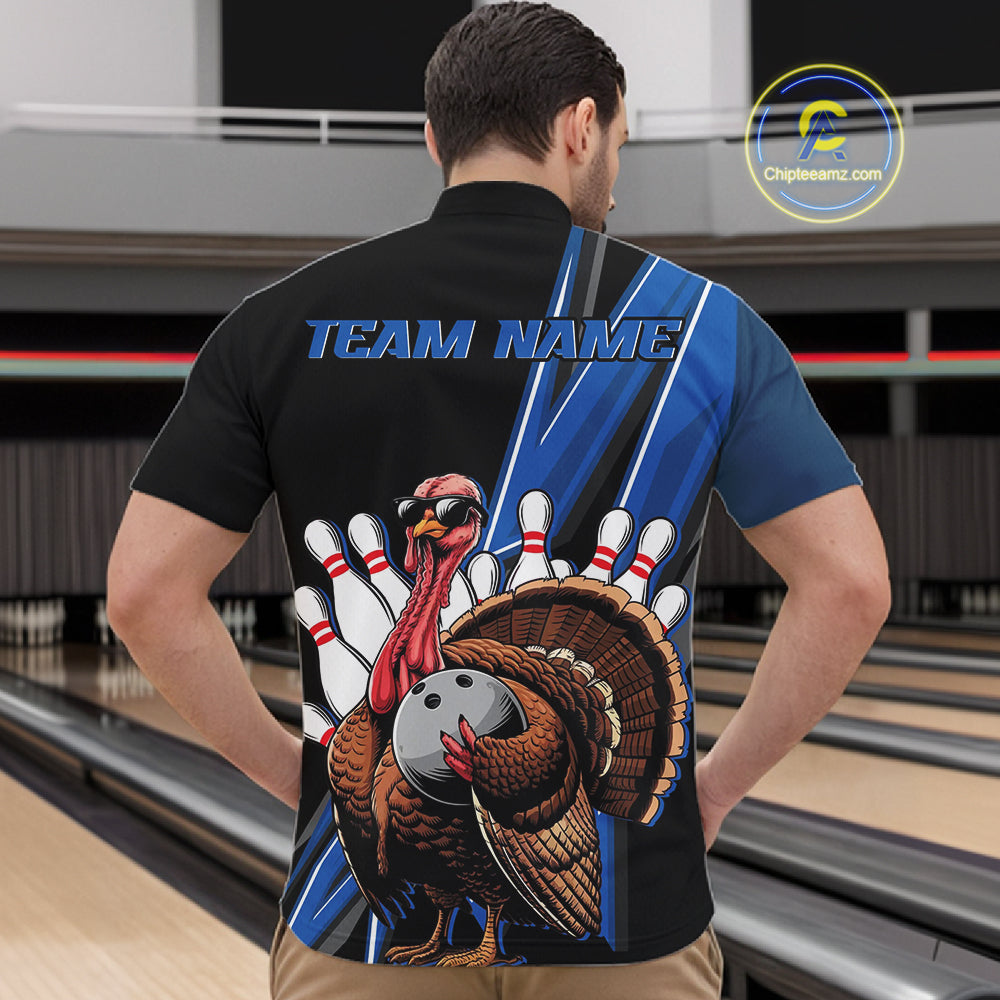 Black And Blue Custom Funny Turkey Bowling Men Shirts, Bowling League Team Shirt IPHW10804