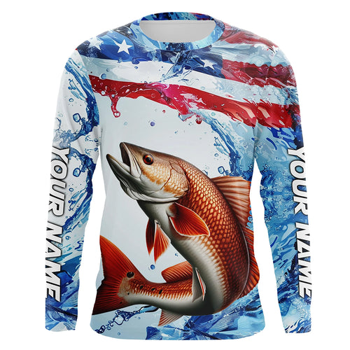 Redfish Fishing American Flag Long Sleeve Saltwater Fishing Shirts, Custom Redfish Fishing Jerseys IPHW6527