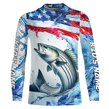 Load image into Gallery viewer, Striped Bass Fishing American Flag Saltwater Fishing Shirts, Custom Striper Fishing Jerseys IPHW6528