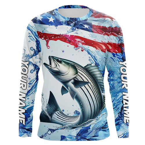 Striped Bass Fishing American Flag Saltwater Fishing Shirts, Custom Striper Fishing Jerseys IPHW6528