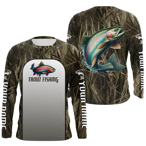 Rainbow Trout Fishing Grass Camo Custom Long Sleeve Fishing Shirts, Trout Tournament Fishing Jerseys IPHW6531
