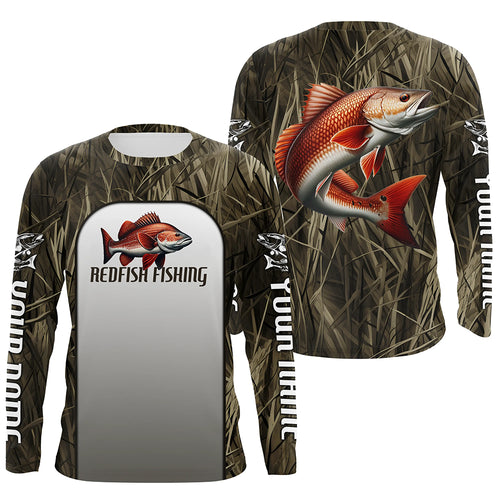 Redfish Fishing Grass Camo Custom Long Sleeve Fishing Shirts, Redfish Tournament Fishing Jerseys IPHW6533
