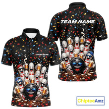 Load image into Gallery viewer, Front and back view of a men's bowling polo shirt mockup featuring funny cartoon bowling balls and animated pins raising frothy beer mugs beneath falling confetti.