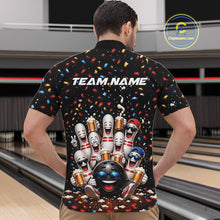 Load image into Gallery viewer, Front view of a male model wearing a bowling quarter zip shirt featuring funny cartoon bowling balls and animated pins raising frothy beer mugs beneath falling confetti in a bowling lane.
