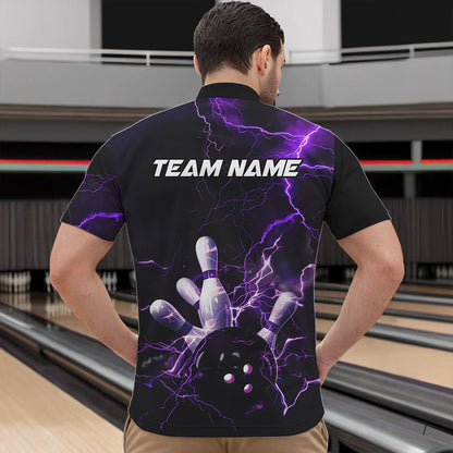 Custom Black And Purple Thunder Lightning Bowling Tournament Quarter-Zip Shirts For Men IPHW8520