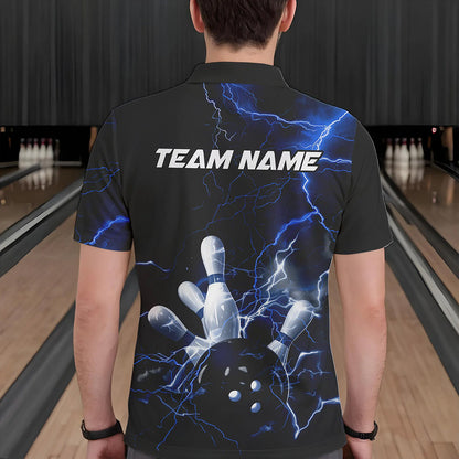 Custom Black And Blue Thunder Lightning Bowling Tournament Polo Shirts For Men IPHW8522