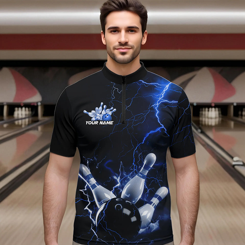 Custom Black And Blue Thunder Lightning Bowling Tournament Quarter-Zip Shirts For Men IPHW8522