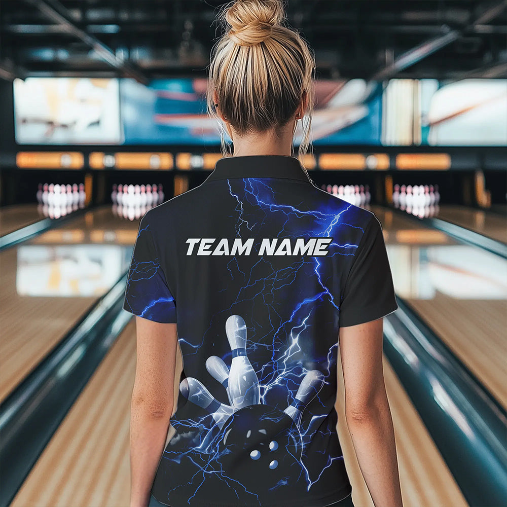 Custom Black And Blue Thunder Lightning Bowling Tournament Quarter-Zip Shirts For Women IPHW8522