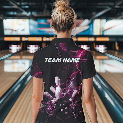 Custom Black And Pink Thunder Lightning Bowling Tournament Quarter-Zip Shirts For Women IPHW8523