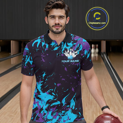 Custom Blue And Purple Camo Men Bowling League Shirt, Bowlers Jerseys Tournament Outfit IPHW10618