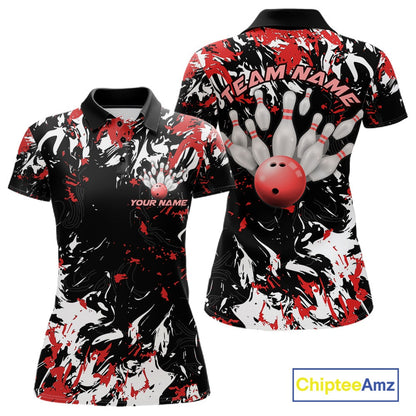Custom Black, Red And White Camo Women Bowling League Shirt, Bowlers Jerseys Outfits IPHW10619