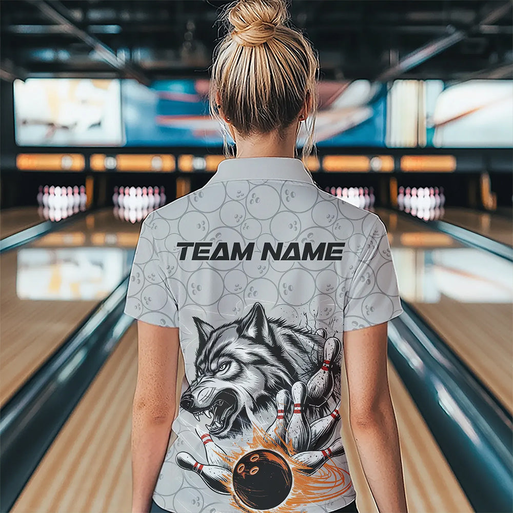 Custom Gray And Red Wolf Bowling Polo Shirts For Women, Wolf Bowling Tournament Shirt IPHW8717