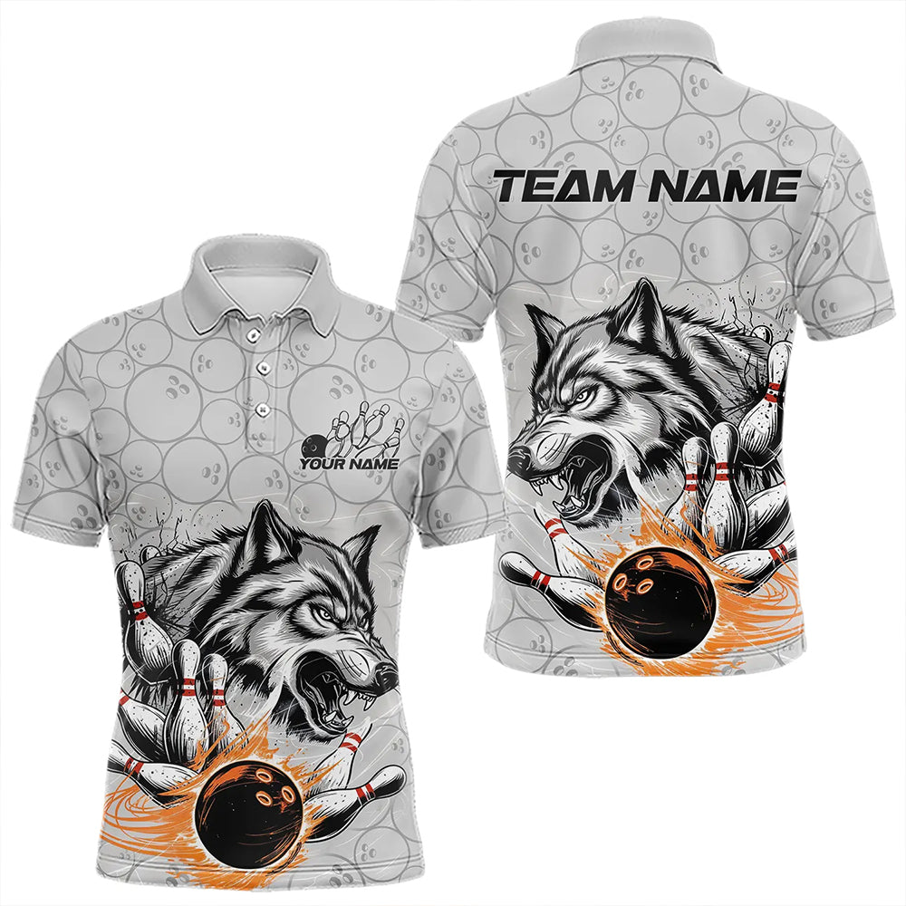 Custom Gray And Red Wolf Bowling Polo Shirts For Men, Wolf Bowling Tournament Shirt IPHW8717