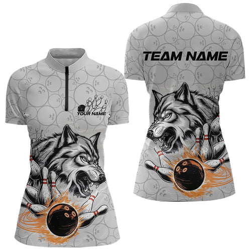 Custom Gray And Red Wolf Bowling Quarter-Zip Shirt For Women, Wolf Bowling Tournament Shirt IPHW8717