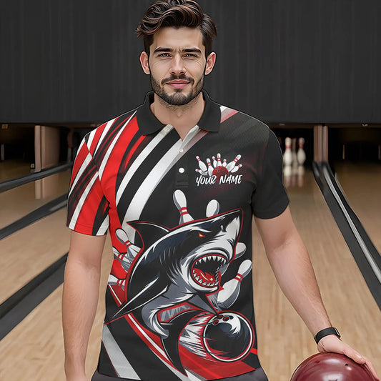 Custom Black And Red Shark Bowling Polo Shirts For Men,  Shark Bowling Team Jerseys IPHW8722