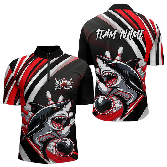 Custom Black And Red Shark Bowling Quarter-Zip Shirts For Men,  Shark Bowling Team Jerseys IPHW8722