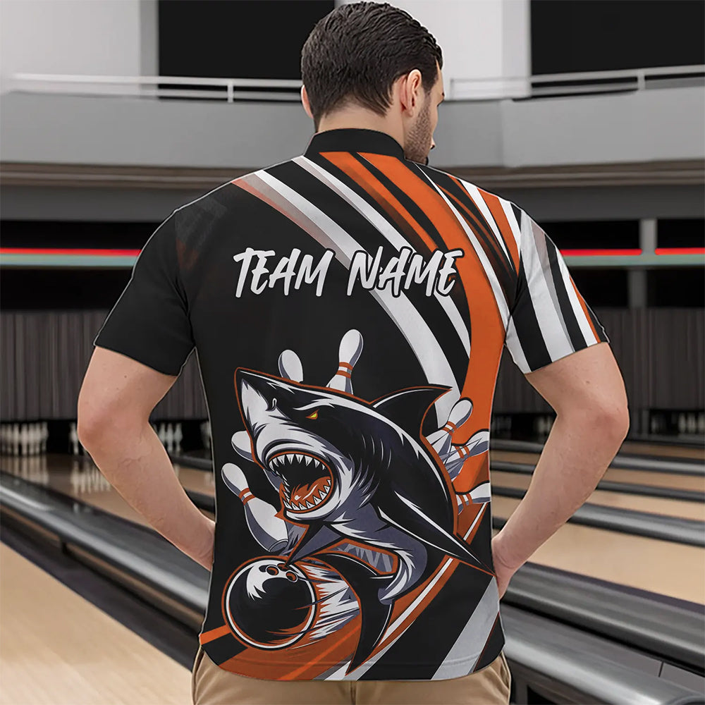 Custom Black And Orange Shark Bowling Quarter-Zip Shirts For Men,  Shark Bowling Team Jerseys IPHW8723