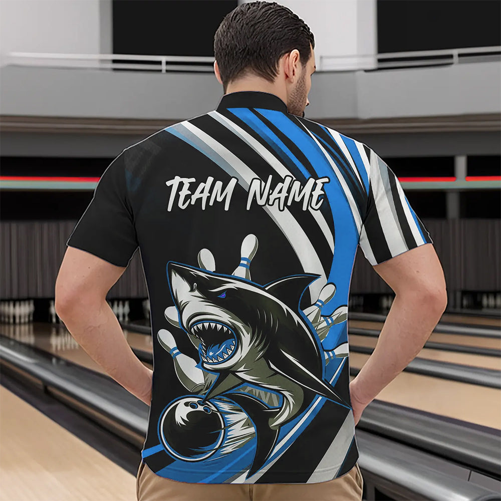 Custom Black And Blue Shark Bowling Quarter-Zip Shirts For Men,  Shark Bowling Team Jerseys IPHW8724