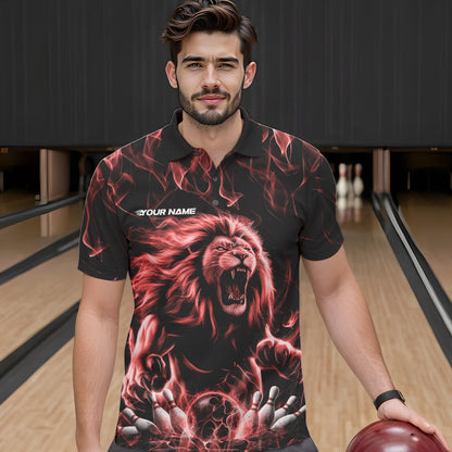 Custom Black And Red Flame Lion Bowling Men Polo Shirts, Lion Bowling Team Uniform IPHW8983