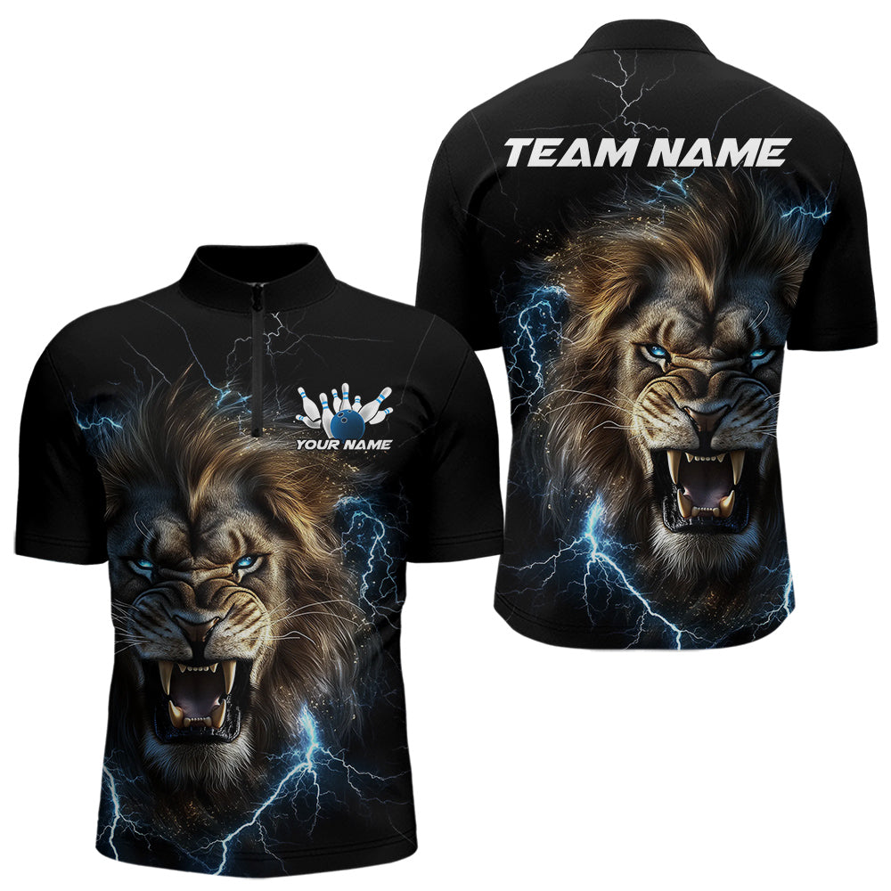 Custom Blue Thunder Lightning Lion Bowling Team Men Quarter-Zip Shirts, Lion Bowling League Shirt IPHW8985