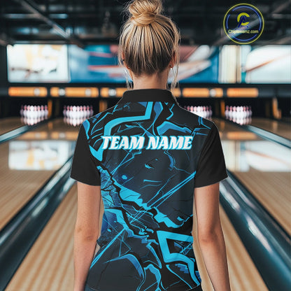 Back view of a womens black and blue bowling polo displaying futuristic geometric linework.