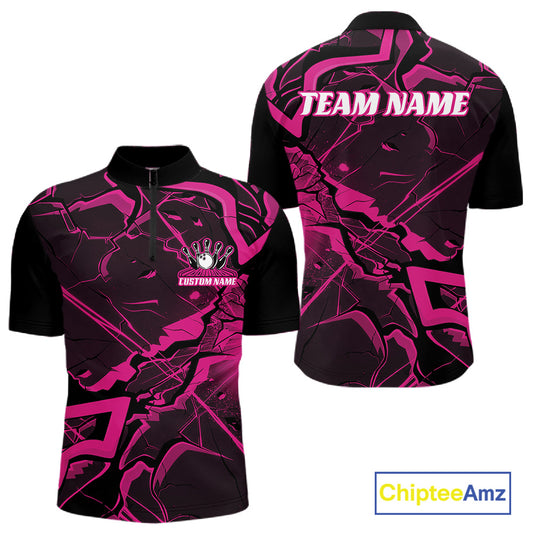Front and back mens black and pink bowling quarter-zip with a cracked geometric pattern and futuristic accents.