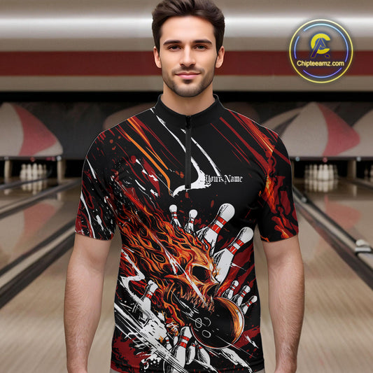 Custom Flame Skull Bowling Team Men Quarter-Zip Shirts, Fire Halloween Bowler Outfit Uniform IPHW9583