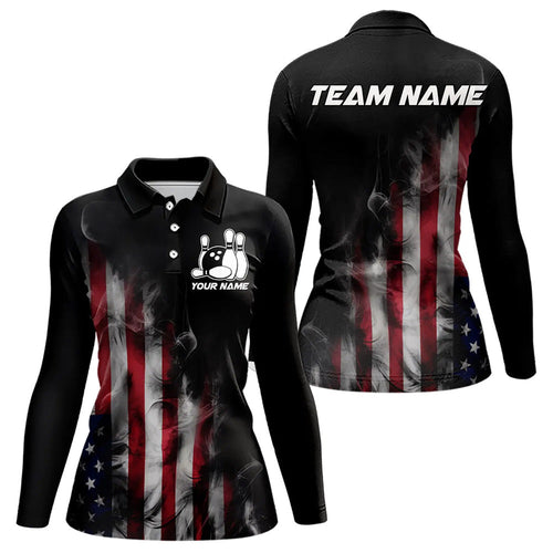 Smoke American Flag Custom Patriotic BowlingWomens Long Sleeve Polo Shirts, US Bowling Shirt IPHW7585