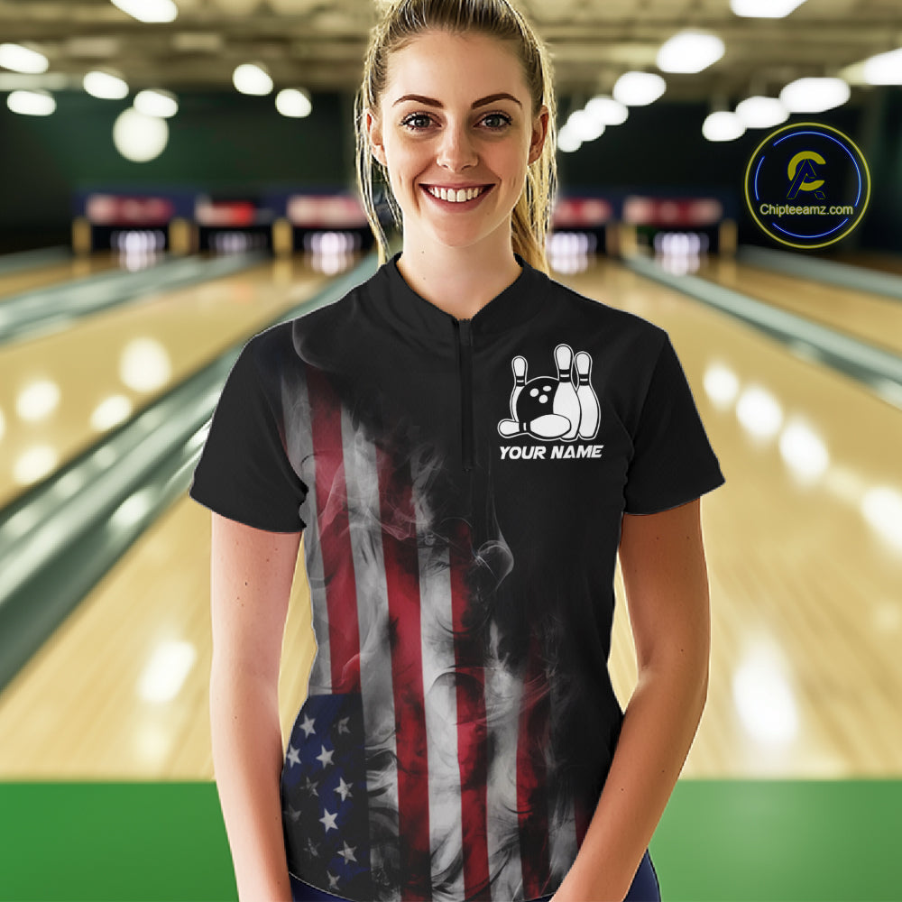 Smoke American Flag Custom Patriotic Bowling Shirts For Women, US Bowling Team Shirt Bowlers IPHW7585