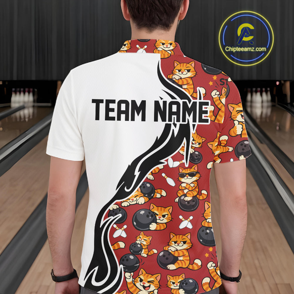 Custom Cute Funny Ginger Tabby Cat Bowling Men Polo Shirts, Cat Bowling Team Shirt IPHW10318