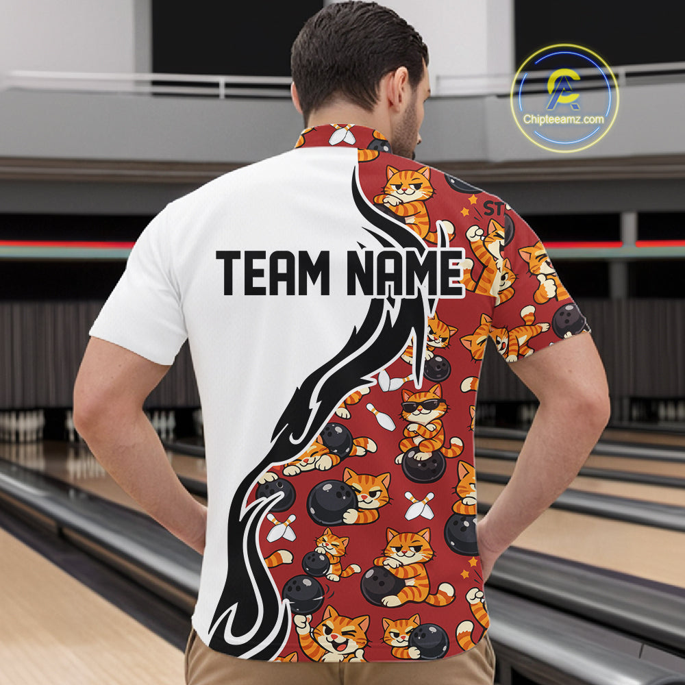 Custom Cute Funny Ginger Tabby Cat Bowling Men Quarter-Zip Shirts, Cat Bowling Team Shirt IPHW10318