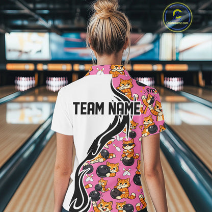 Custom Cute Funny Ginger Tabby Cat Bowling Women Quarter-Zip Shirts, Bowling Team Shirt IPHW10319