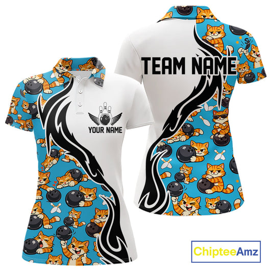 Custom Cute Funny Ginger Tabby Cat Bowling Women Polo Shirts, Cat Bowling Team Shirt IPHW10320
