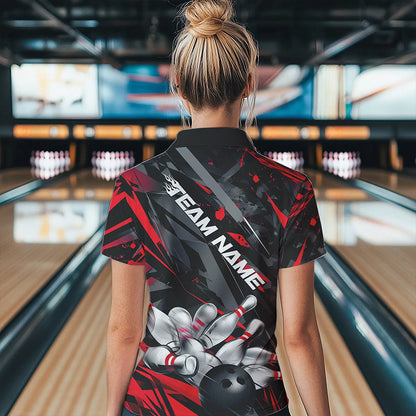 Custom Black And Red Bowling Quarter-Zip Shirts For Women, Bowling Tournament Team Uniform IPHW8527