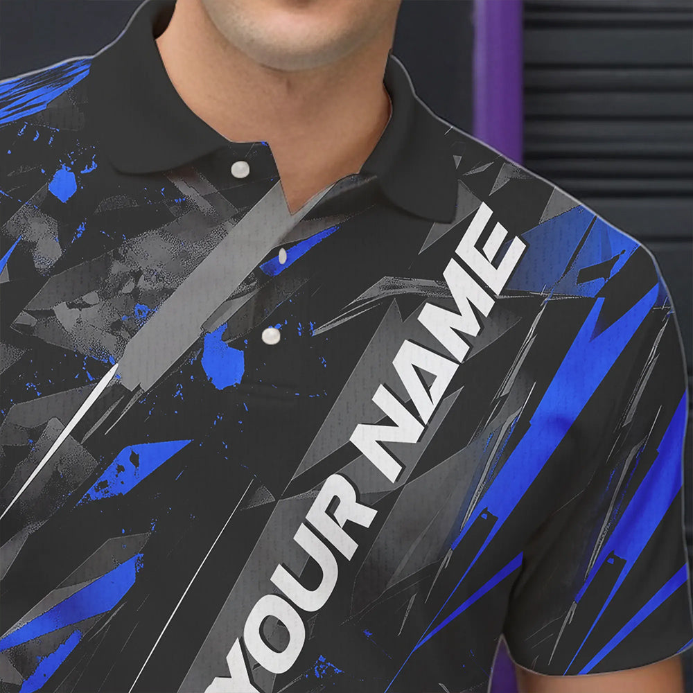 Custom Black And Blue Bowling Polo Shirts For Men, Bowling Tournament Team Uniform IPHW8528