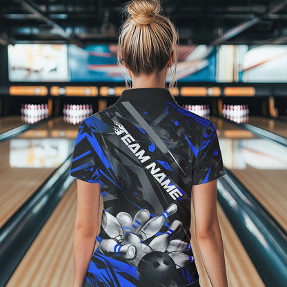 Custom Black And Blue Bowling Quarter-Zip Shirts For Women, Bowling Tournament Team Uniform IPHW8528