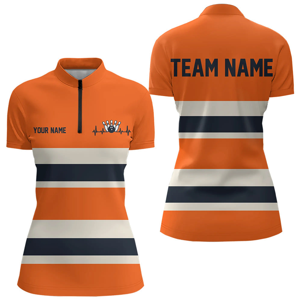 Custom Classic Retro Orange Bowling Womens Quarter-Zip Shirts, Bowling Team Shirt With Name IPHW8531