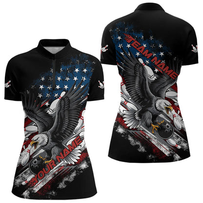 Personalized American Flag Eagle Women Bowling Quarter-Zip Shirts, Patriotic Bowling Shirt  IPHW8731