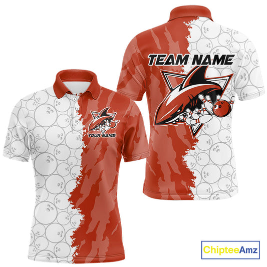 Custom White And Orange Shark Bowling Polo Shirts For Men, Shark Bowling League Shirt IPHW8991