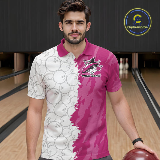 Custom White And Pink Shark Bowling Polo Shirts For Men, Shark Bowling League Shirt IPHW8992