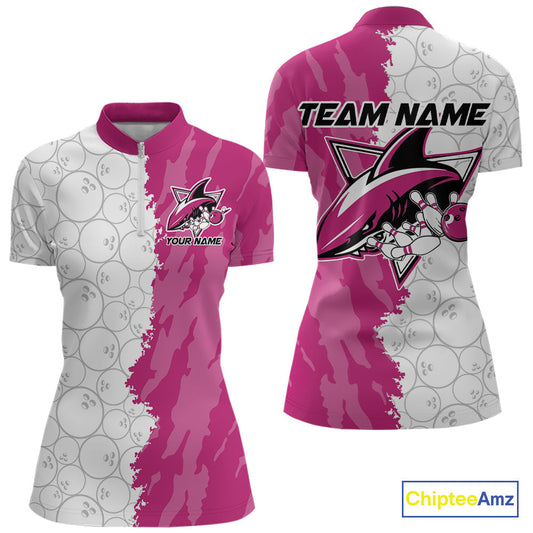 Custom White And Pink Shark Bowling Women Quarter-Zip Shirts, Shark Bowling League Shirt IPHW8992