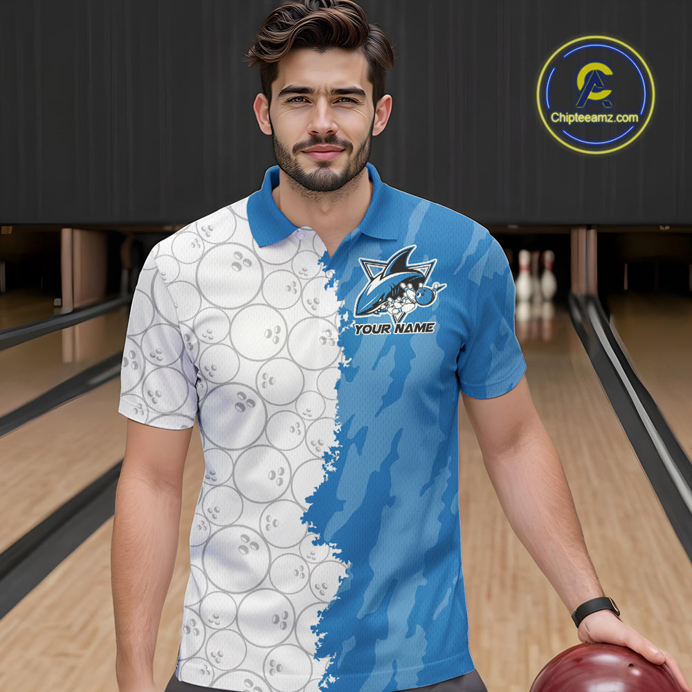 Custom White And Blue Shark Bowling Polo Shirts For Men, Shark Bowling League Shirt IPHW8993