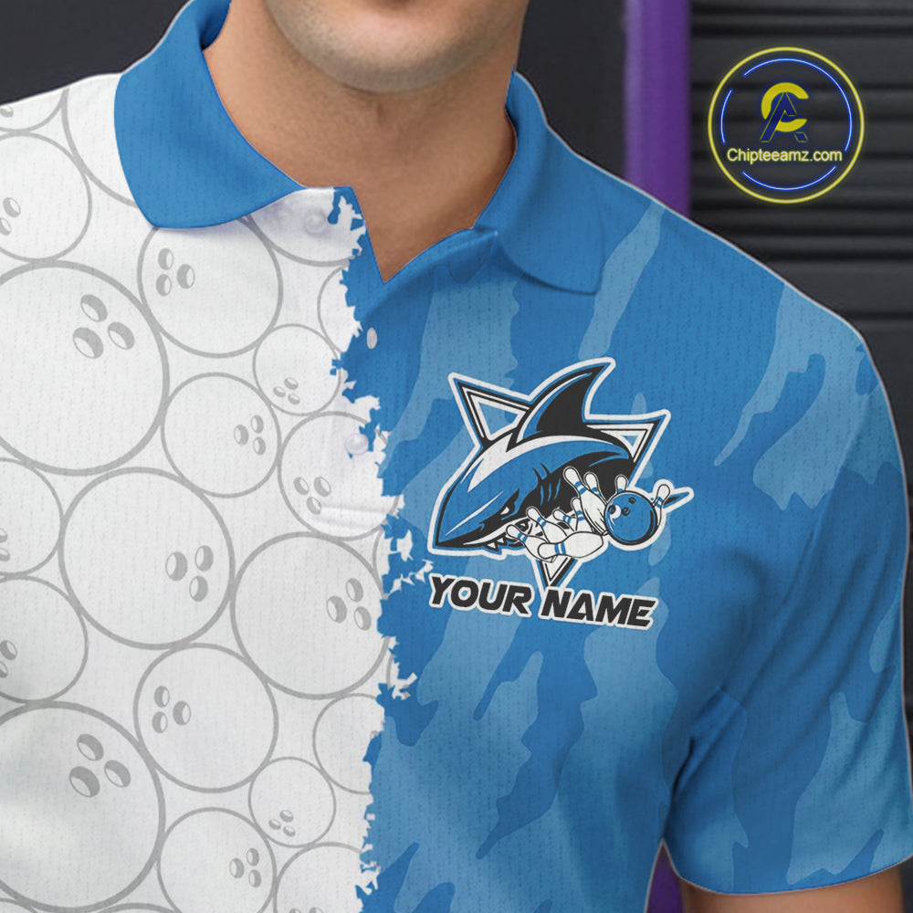 Custom White And Blue Shark Bowling Polo Shirts For Men, Shark Bowling League Shirt IPHW8993