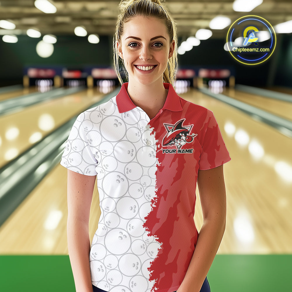 Custom White And Red Shark Bowling Polo Shirts For Women, Shark Bowling League Shirt IPHW8994