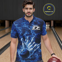 Load image into Gallery viewer, Custom Blue Fire Flame Bowling Men Polo Tournament Shirt, Team Bowling Jerseys IPHW11102